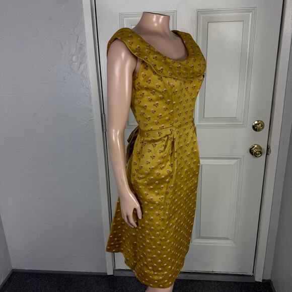 Vintage 60s Mr Mort Women's Dress Brocade Floral Cotton Pockets Party N3 - Picture 8 of 11
